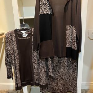 Misook 4 piece set rayon. 2 jackets tank top and skirt Brown, taupe animal print
